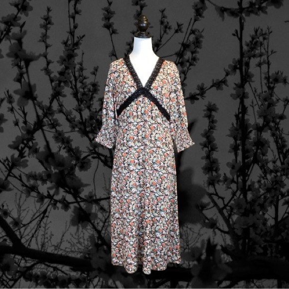 Nasty Gal Inc. Multicolored Floral Lace Trim Puff Sleeve Midi Dress - Picture 1 of 8